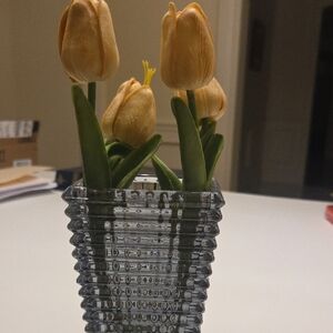 Artificial Yellow Tulip Arrangement in Textured Glass Vase